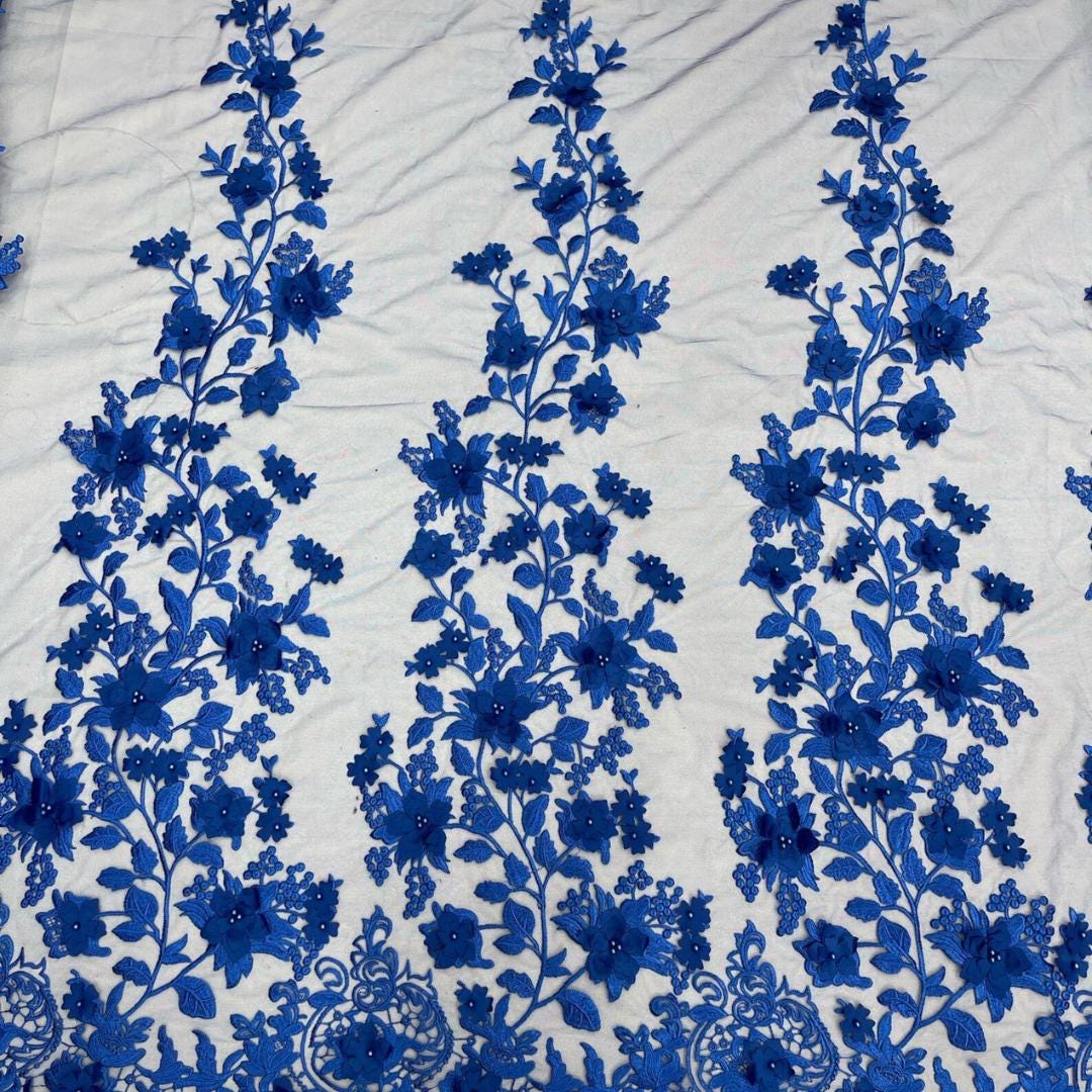 3D Floral Lace - ROYAL -  3D Floral Embroidered Mesh Lace with Pearls| Fabric For Quinsiañera Dresses - Prom Dress Sold By Yard
