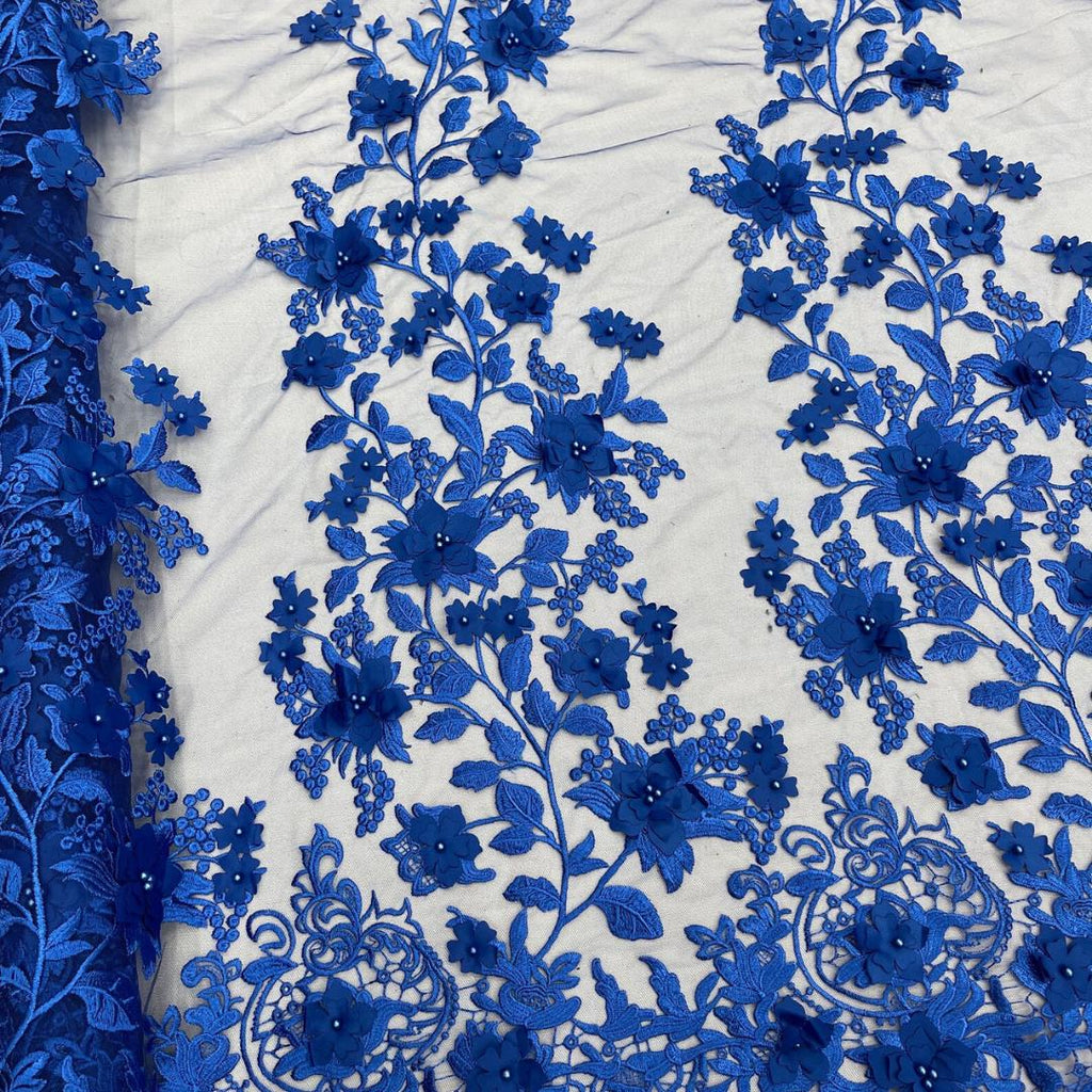 3D Floral Lace - ROYAL -  3D Floral Embroidered Mesh Lace with Pearls| Fabric For Quinsiañera Dresses - Prom Dress Sold By Yard