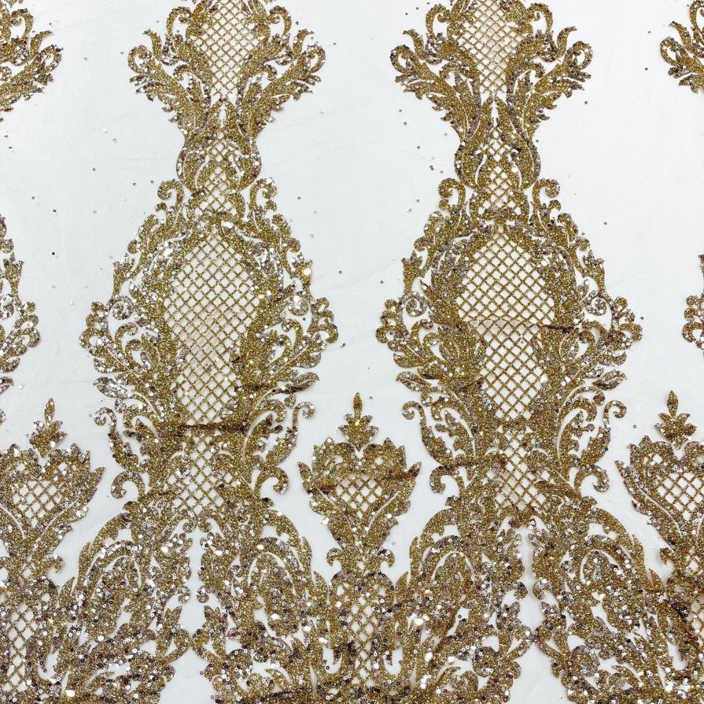 Luxury Lace - Rose Gold -  Glitter Damask Design Fabric 58” Wide For Quinsiañera Dresses - Prom Dress Sold By The Yard