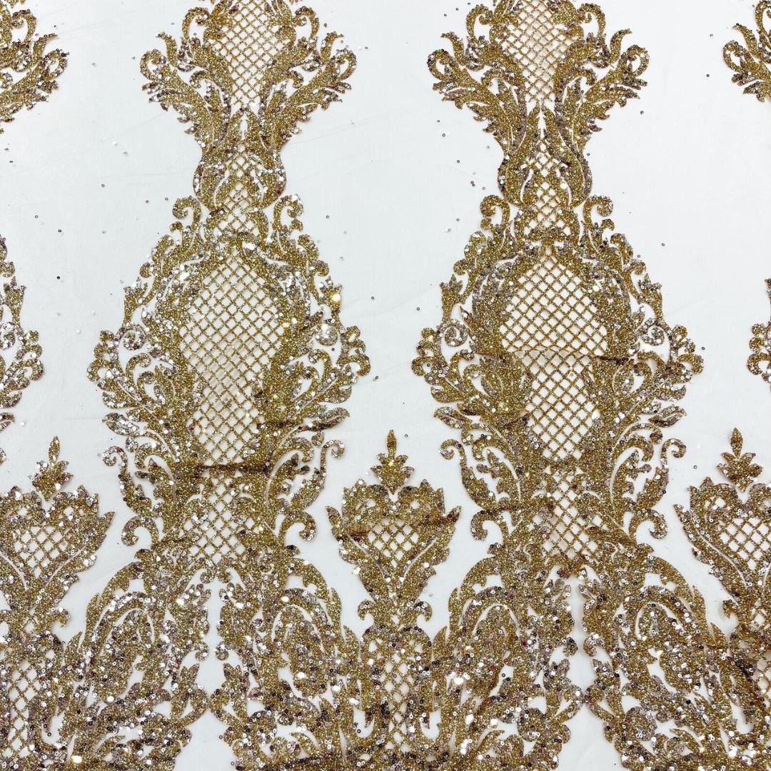 Luxury Lace - Rose Gold -  Glitter Damask Design Fabric 58” Wide For Quinsiañera Dresses - Prom Dress Sold By The Yard