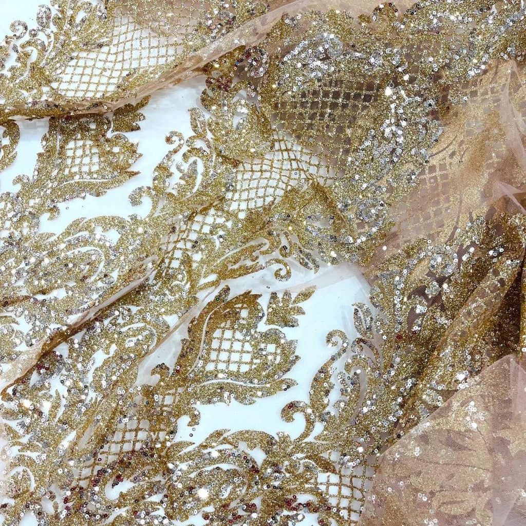 Luxury Lace - Rose Gold -  Glitter Damask Design Fabric 58” Wide For Quinsiañera Dresses - Prom Dress Sold By The Yard