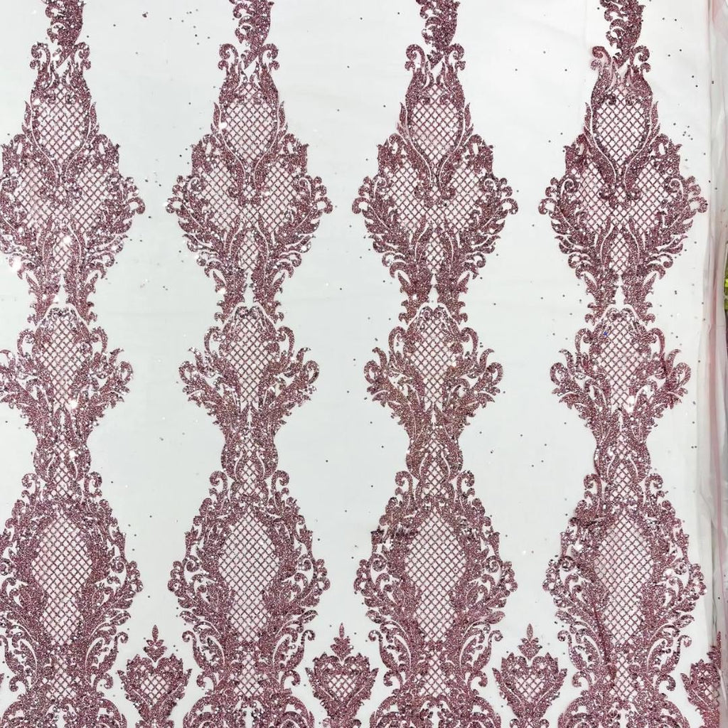 Luxury Lace - Dusty Rose -  Glitter Damask Design Fabric 58” Wide For Quinsiañera Dresses - Prom Dress Sold By The Yard