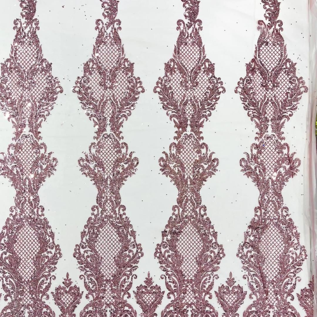Luxury Lace - Dusty Rose -  Glitter Damask Design Fabric 58” Wide For Quinsiañera Dresses - Prom Dress Sold By The Yard