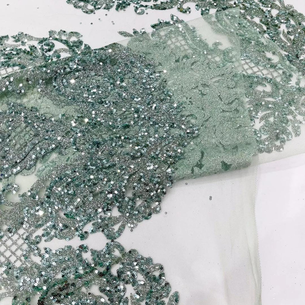 Luxury Lace - Sage -  Glitter Damask Design Fabric 58” Wide For Quinsiañera Dresses - Prom Dress Sold By The Yard
