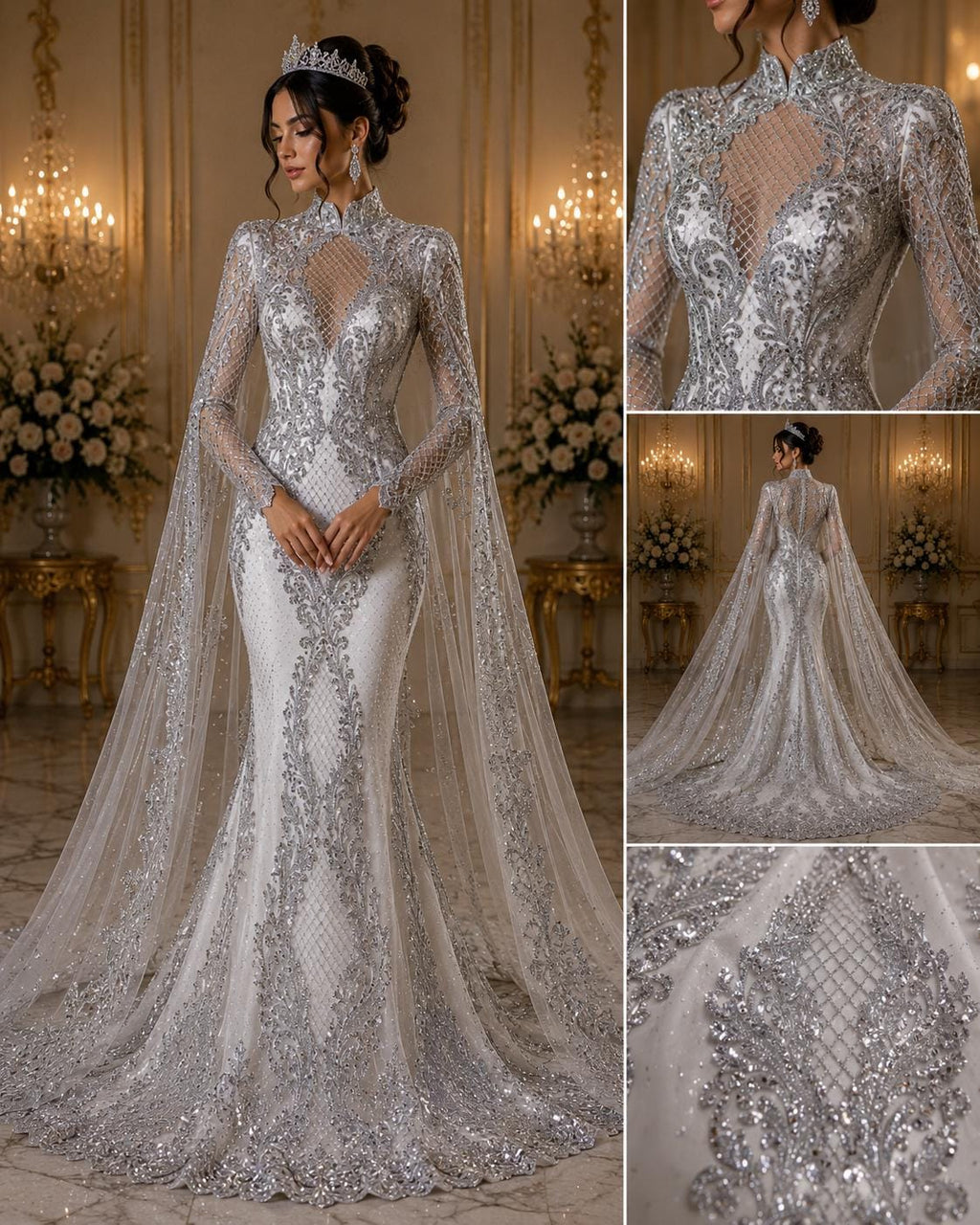 Luxury Lace - Silver -  Glitter Damask Design Fabric 58” Wide For Quinsiañera Dresses - Prom Dress Sold By The Yard