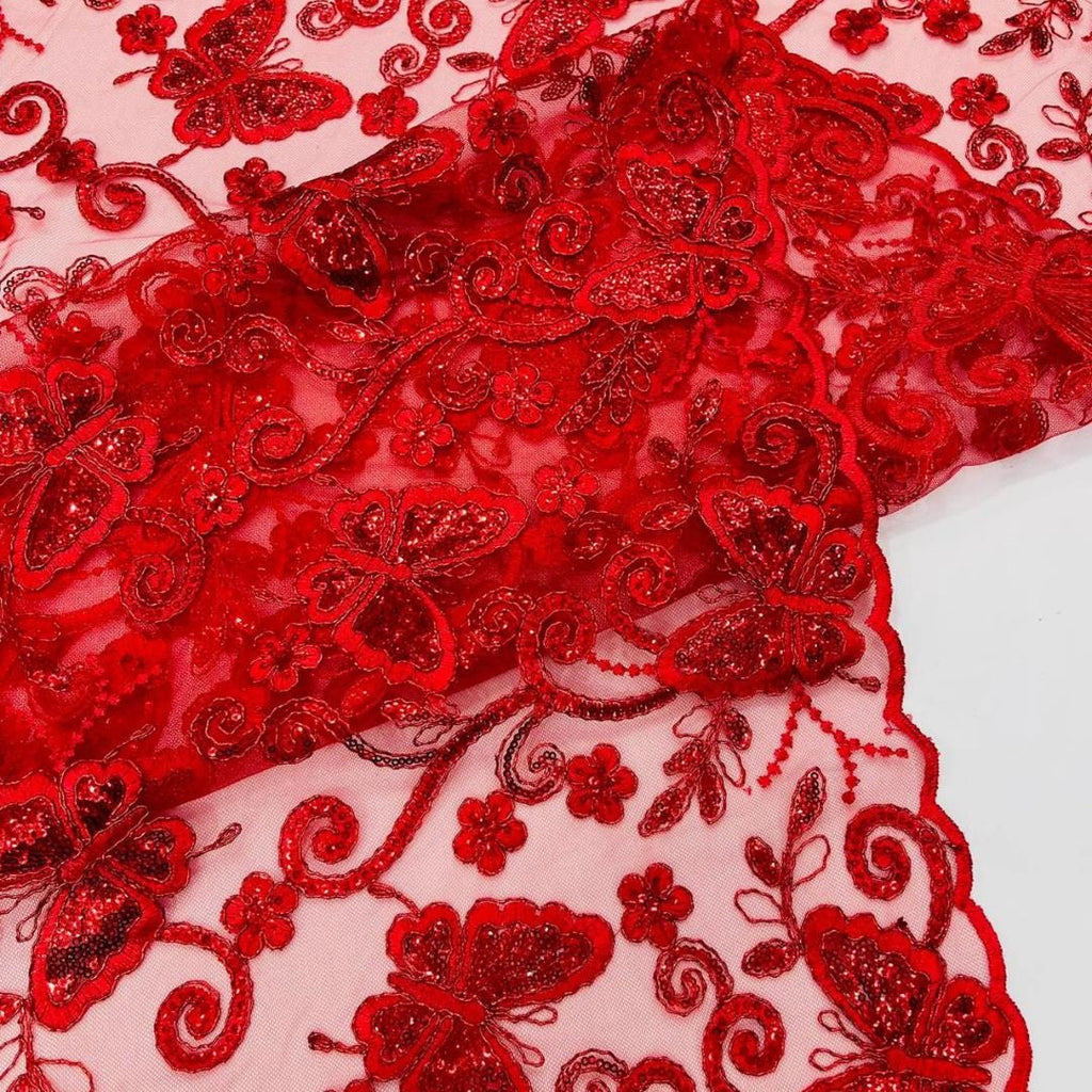 Butterfly Red - Metallic Lace Fabric Embroidered Butterfly & Flowers with Sequins For Quinsiañera Dresses - Prom Dress. Sold By The Yard