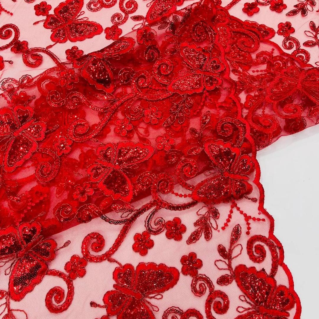 Butterfly Red - Metallic Lace Fabric Embroidered Butterfly & Flowers with Sequins For Quinsiañera Dresses - Prom Dress. Sold By The Yard