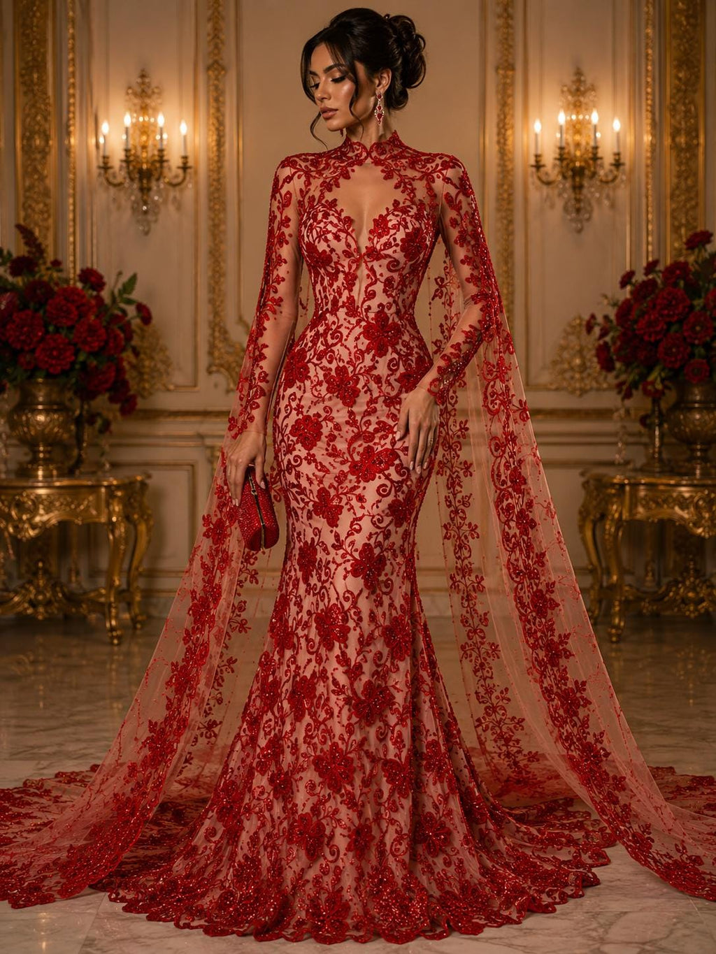 Butterfly Red - Metallic Lace Fabric Embroidered Butterfly & Flowers with Sequins For Quinsiañera Dresses - Prom Dress. Sold By The Yard