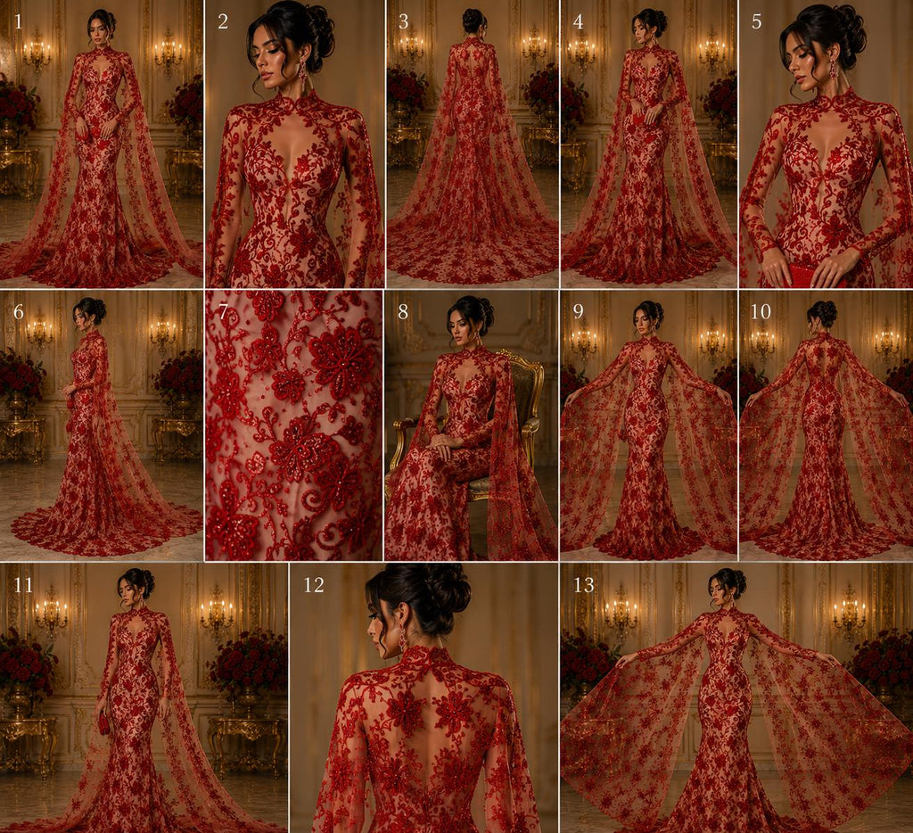 Butterfly Red - Metallic Lace Fabric Embroidered Butterfly & Flowers with Sequins For Quinsiañera Dresses - Prom Dress. Sold By The Yard