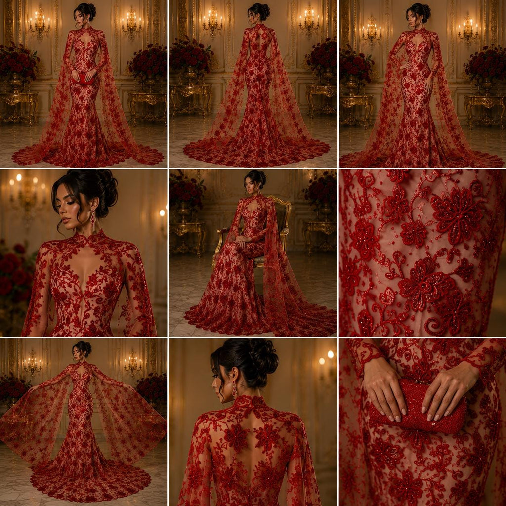 Butterfly Red - Metallic Lace Fabric Embroidered Butterfly & Flowers with Sequins For Quinsiañera Dresses - Prom Dress. Sold By The Yard