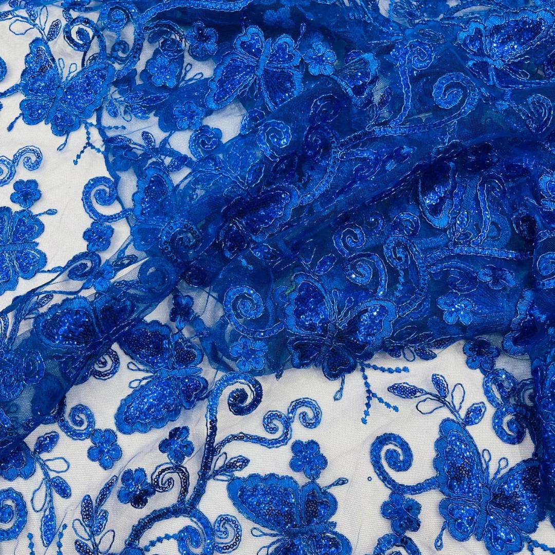 Butterfly Royal - Metallic Lace Fabric Embroidered Butterfly & Flowers with Sequins For Quinsiañera Dresses - Prom Dress. Sold By The Yard
