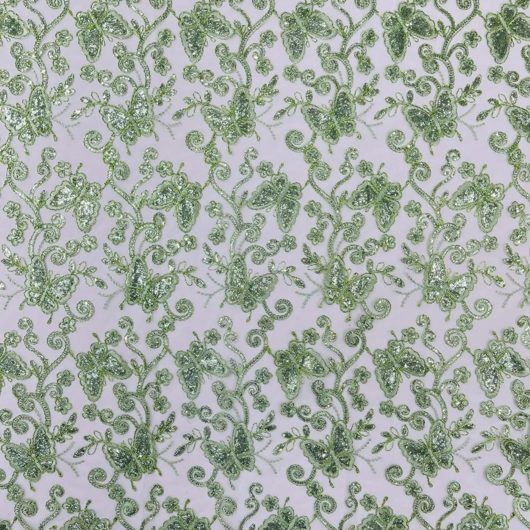 Butterfly Sage - Metallic Lace Fabric Embroidered Butterfly & Flowers with Sequins For Quinsiañera Dresses - Prom Dress. Sold By The Yard
