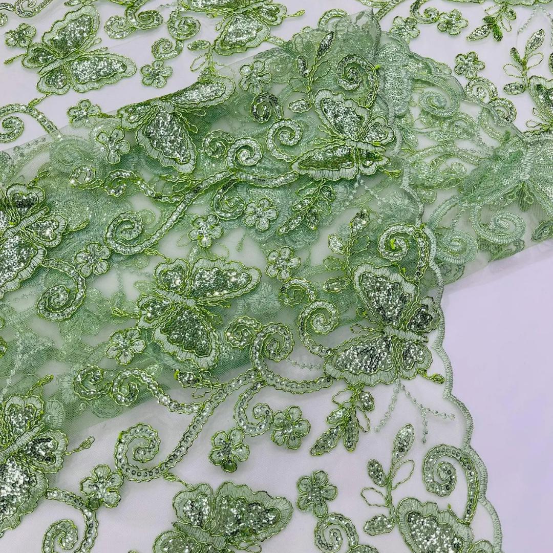 Butterfly Sage - Metallic Lace Fabric Embroidered Butterfly & Flowers with Sequins For Quinsiañera Dresses - Prom Dress. Sold By The Yard