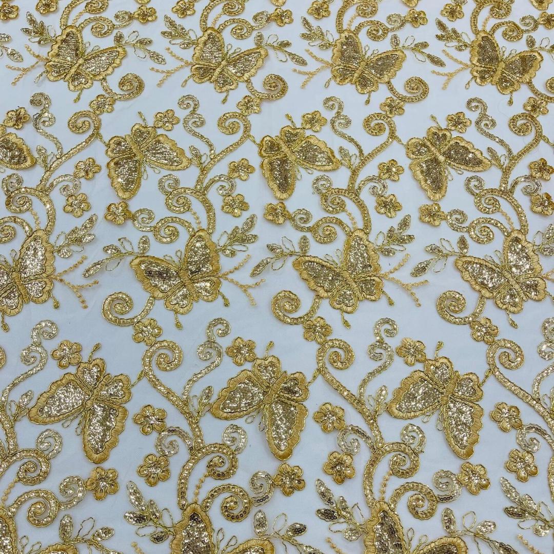 Butterfly Gold - Metallic Lace Fabric Embroidered Butterfly & Flowers with Sequins For Quinsiañera Dresses - Prom Dress. Sold By The Yard
