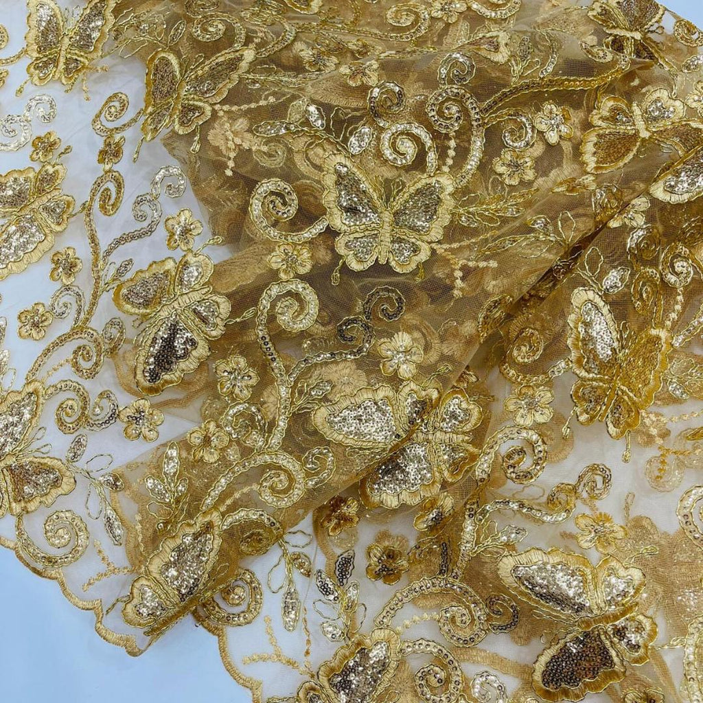 Butterfly Gold - Metallic Lace Fabric Embroidered Butterfly & Flowers with Sequins For Quinsiañera Dresses - Prom Dress. Sold By The Yard