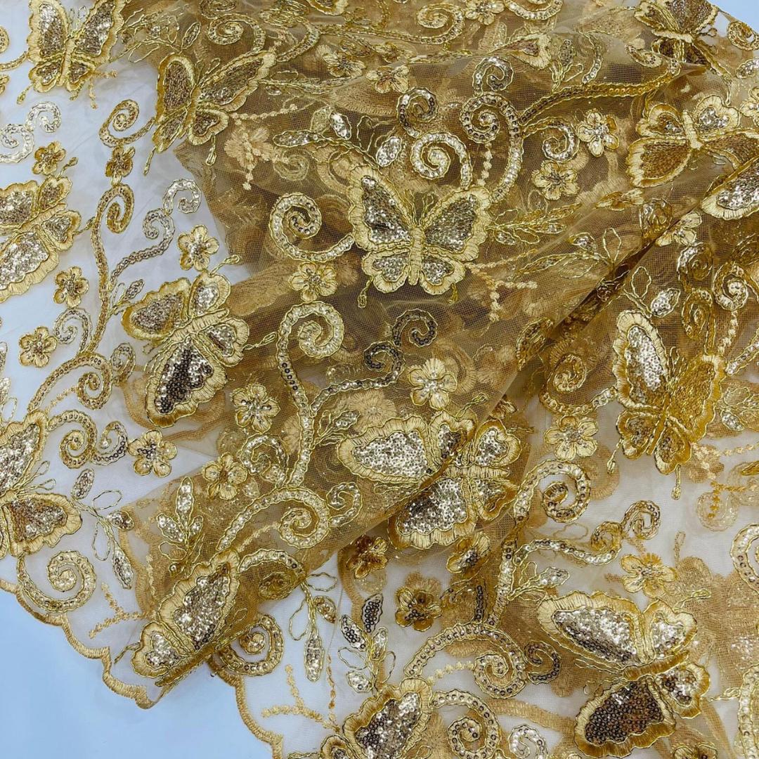 Butterfly Gold - Metallic Lace Fabric Embroidered Butterfly & Flowers with Sequins For Quinsiañera Dresses - Prom Dress. Sold By The Yard