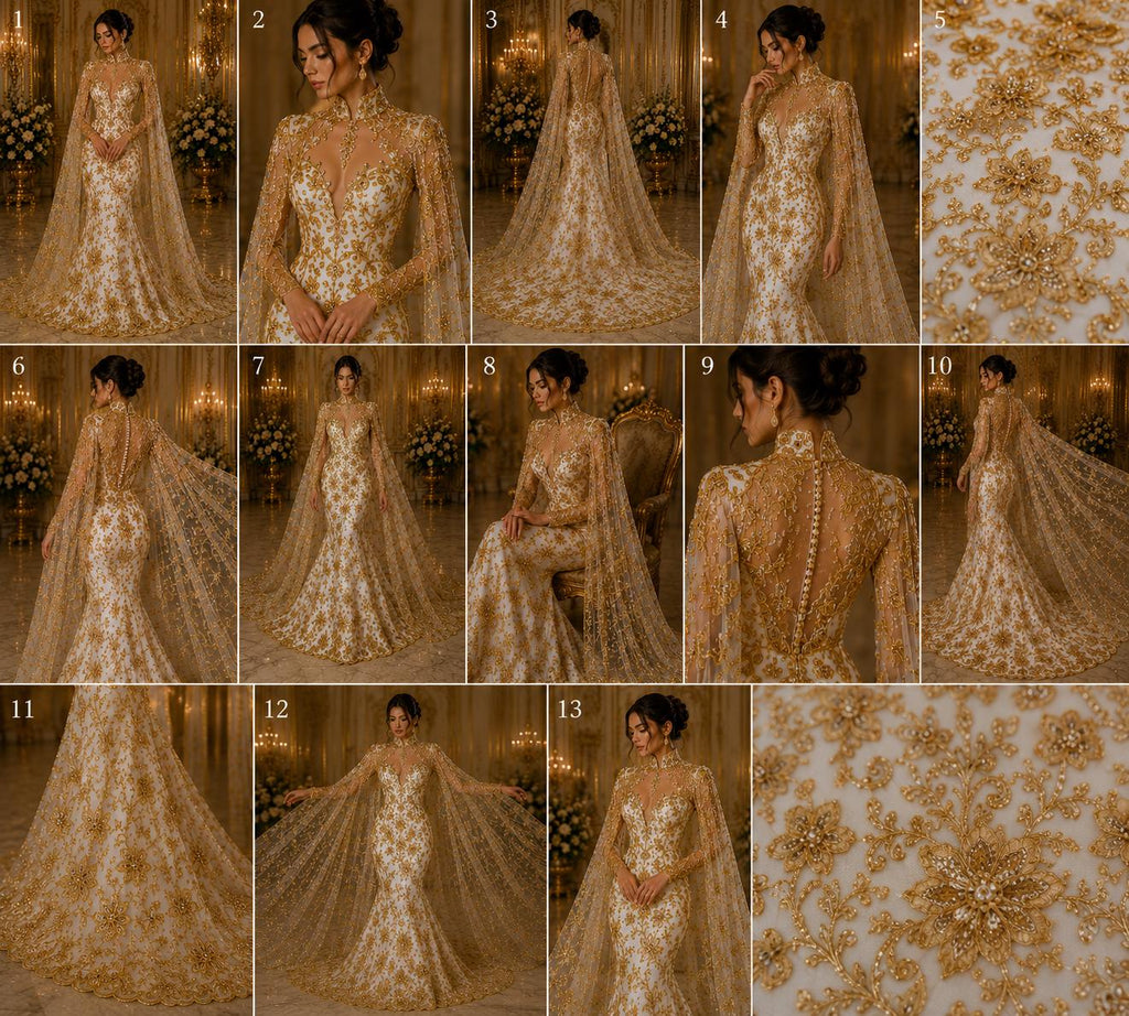 Butterfly Gold - Metallic Lace Fabric Embroidered Butterfly & Flowers with Sequins For Quinsiañera Dresses - Prom Dress. Sold By The Yard