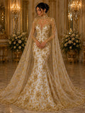 Butterfly Gold - Metallic Lace Fabric Embroidered Butterfly & Flowers with Sequins For Quinsiañera Dresses - Prom Dress. Sold By The Yard