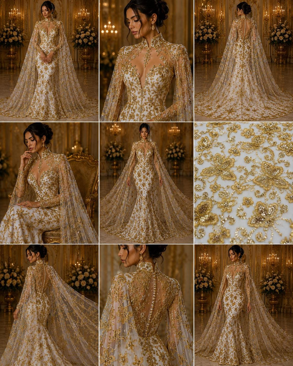 Butterfly Gold - Metallic Lace Fabric Embroidered Butterfly & Flowers with Sequins For Quinsiañera Dresses - Prom Dress. Sold By The Yard