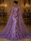 Butterfly Lilac - Metallic Lace Fabric Embroidered Butterfly & Flowers with Sequins For Quinsiañera Dresses - Prom Dress. Sold By The Yard