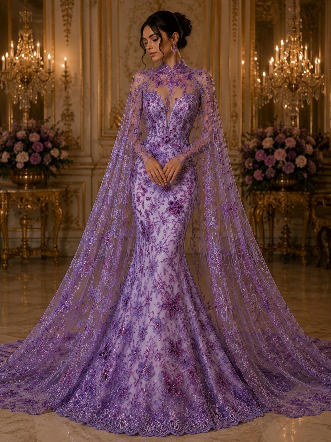 Butterfly Lilac - Metallic Lace Fabric Embroidered Butterfly & Flowers with Sequins For Quinsiañera Dresses - Prom Dress. Sold By The Yard