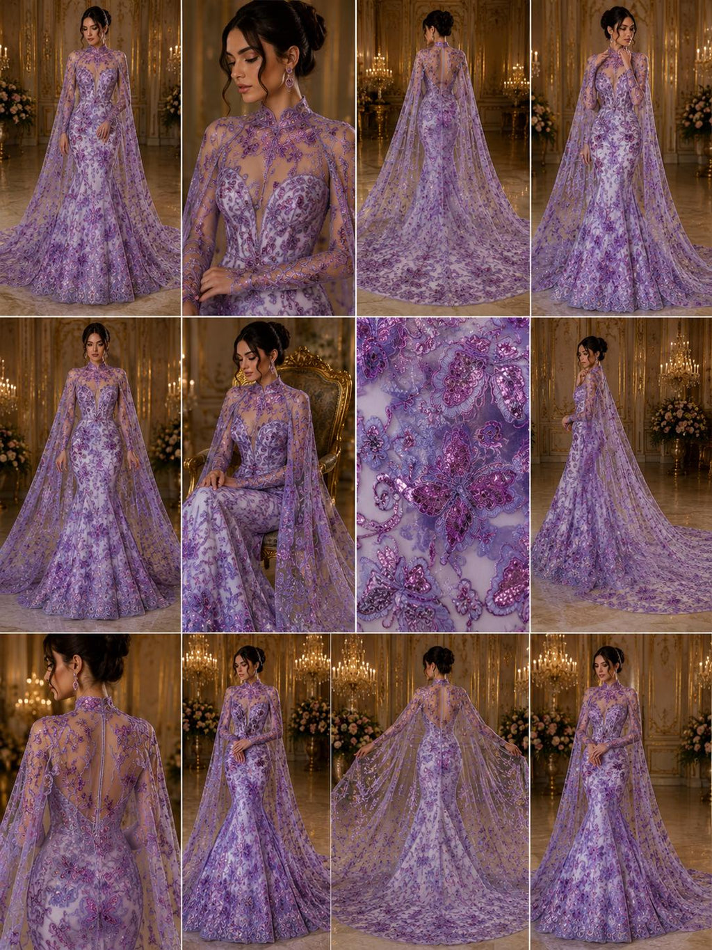 Butterfly Lilac - Metallic Lace Fabric Embroidered Butterfly & Flowers with Sequins For Quinsiañera Dresses - Prom Dress. Sold By The Yard
