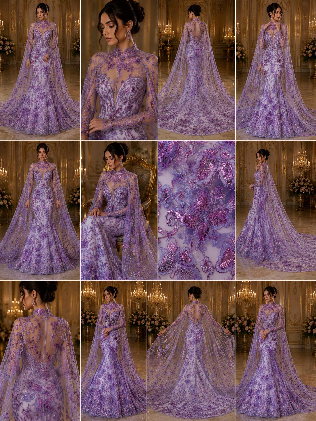 Butterfly Lilac - Metallic Lace Fabric Embroidered Butterfly & Flowers with Sequins For Quinsiañera Dresses - Prom Dress. Sold By The Yard