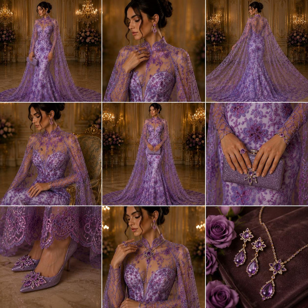 Butterfly Lilac - Metallic Lace Fabric Embroidered Butterfly & Flowers with Sequins For Quinsiañera Dresses - Prom Dress. Sold By The Yard