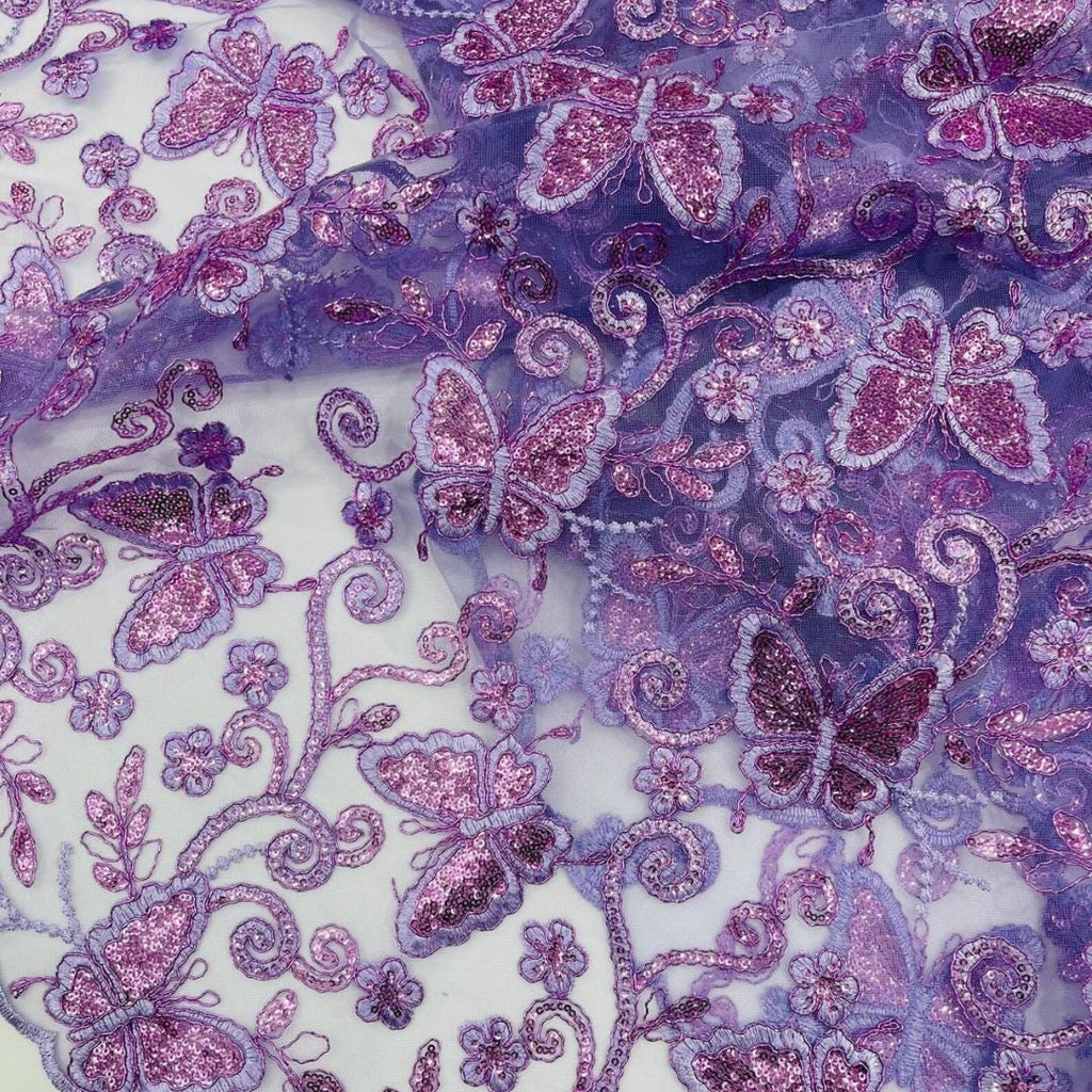 Butterfly Lilac - Metallic Lace Fabric Embroidered Butterfly & Flowers with Sequins For Quinsiañera Dresses - Prom Dress. Sold By The Yard