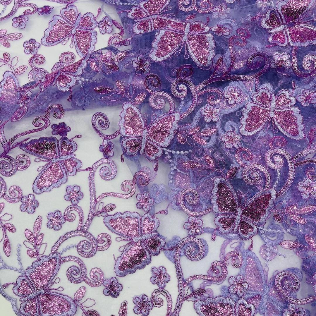 Butterfly Lilac - Metallic Lace Fabric Embroidered Butterfly & Flowers with Sequins For Quinsiañera Dresses - Prom Dress. Sold By The Yard