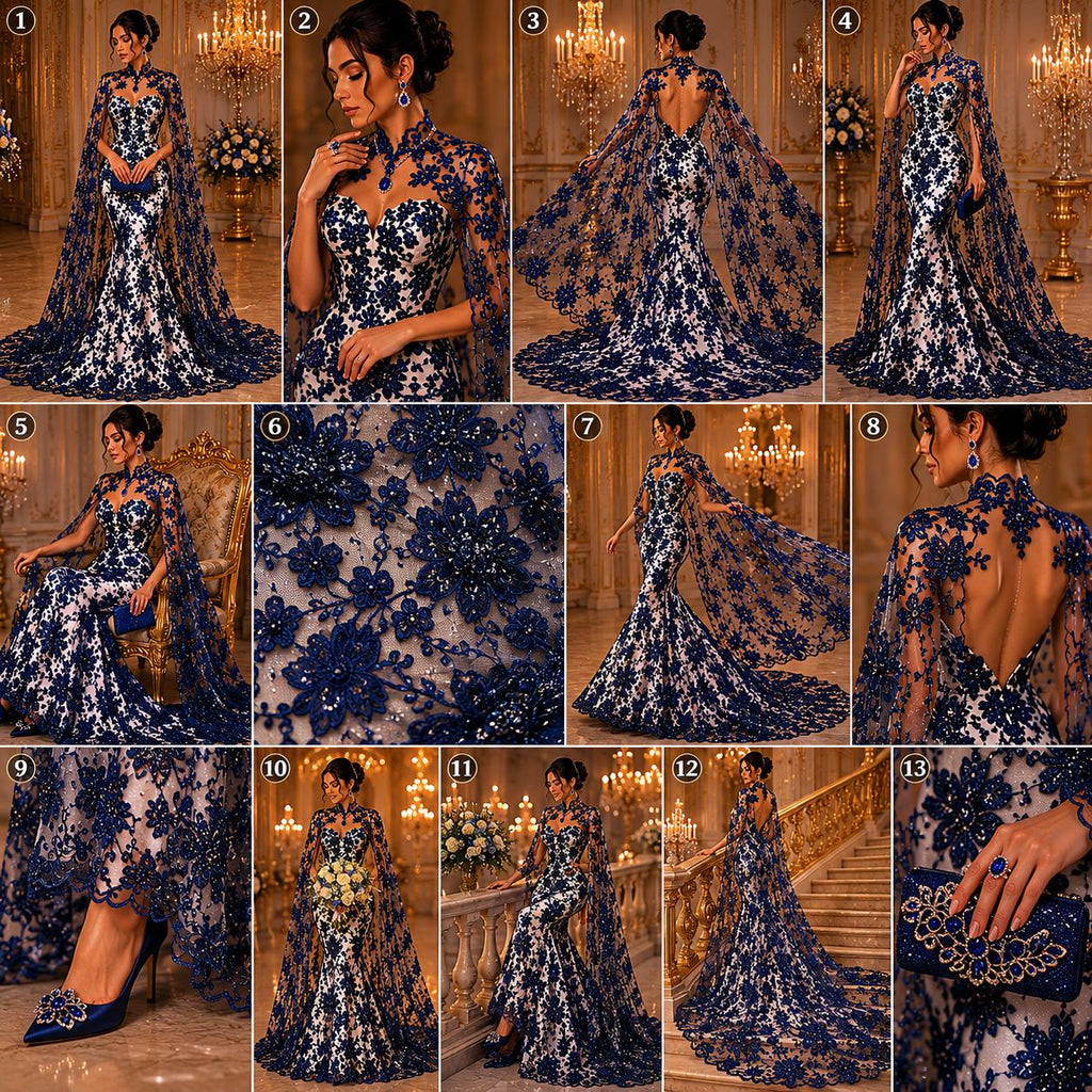 Butterfly Navy - Metallic Lace Fabric Embroidered Butterfly & Flowers with Sequins For Quinsiañera Dresses - Prom Dress. Sold By The Yard
