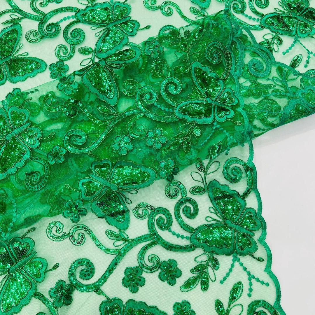 Butterfly Green - Metallic Lace Fabric Embroidered Butterfly & Flowers with Sequins For Quinsiañera Dresses - Prom Dress. Sold By The Yard