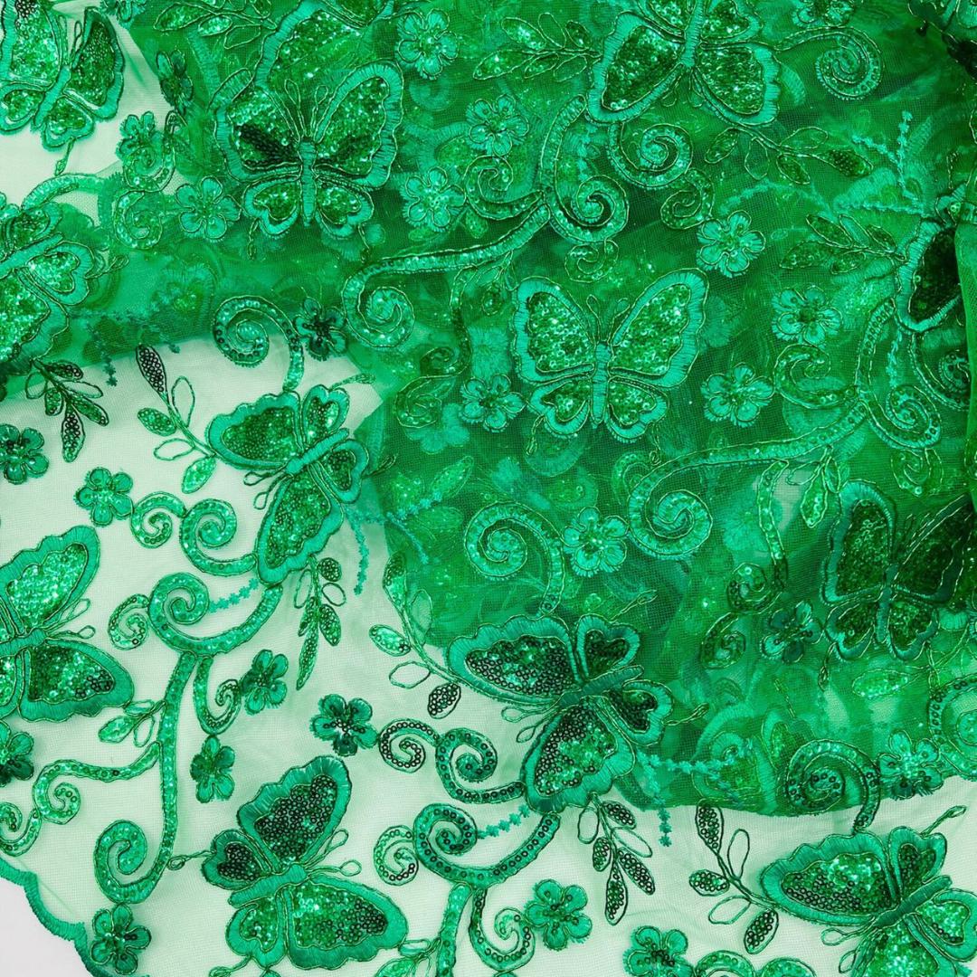 Butterfly Green - Metallic Lace Fabric Embroidered Butterfly & Flowers with Sequins For Quinsiañera Dresses - Prom Dress. Sold By The Yard
