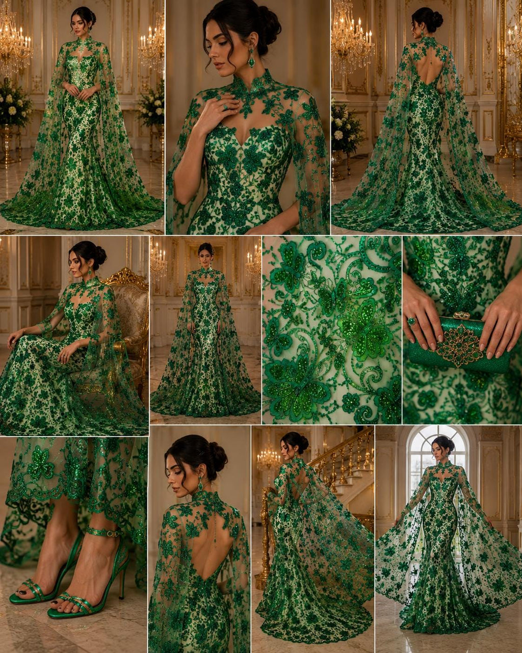 Butterfly Green - Metallic Lace Fabric Embroidered Butterfly & Flowers with Sequins For Quinsiañera Dresses - Prom Dress. Sold By The Yard