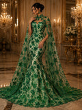 Butterfly Green - Metallic Lace Fabric Embroidered Butterfly & Flowers with Sequins For Quinsiañera Dresses - Prom Dress. Sold By The Yard