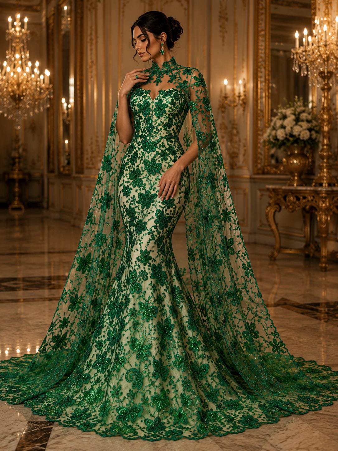 Butterfly Green - Metallic Lace Fabric Embroidered Butterfly & Flowers with Sequins For Quinsiañera Dresses - Prom Dress. Sold By The Yard
