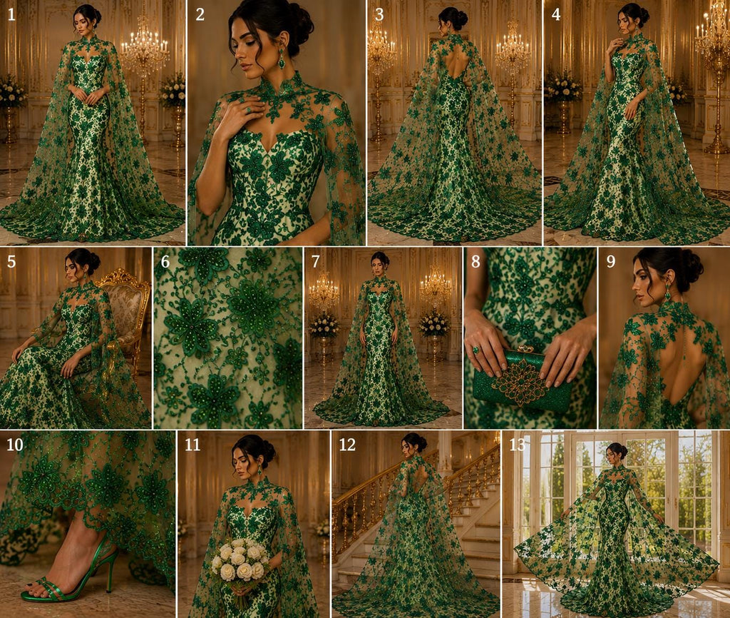 Butterfly Green - Metallic Lace Fabric Embroidered Butterfly & Flowers with Sequins For Quinsiañera Dresses - Prom Dress. Sold By The Yard