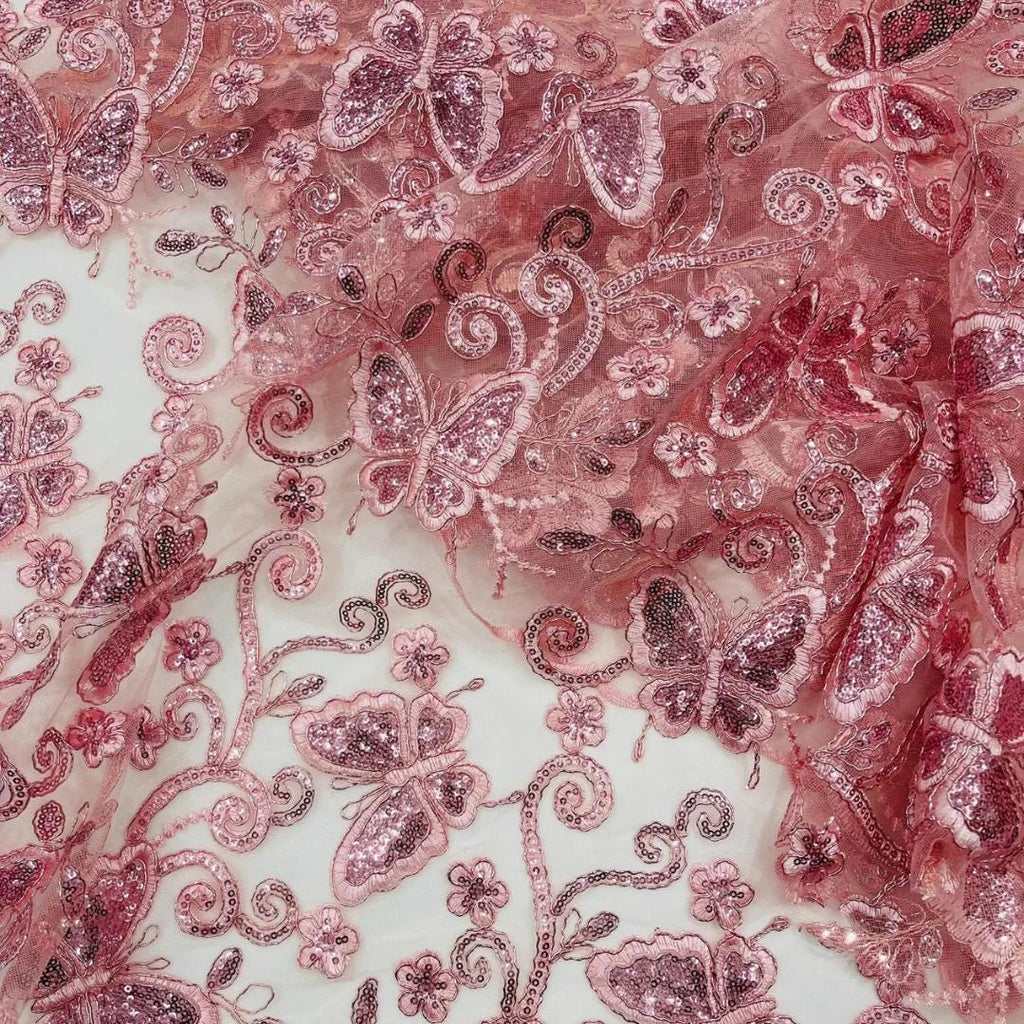 Butterfly Dusty Pink - Metallic Lace Fabric Embroidered Butterfly & Flowers Sequins For Quinsiañera Dresses - Prom Dress. Sold By The Yard