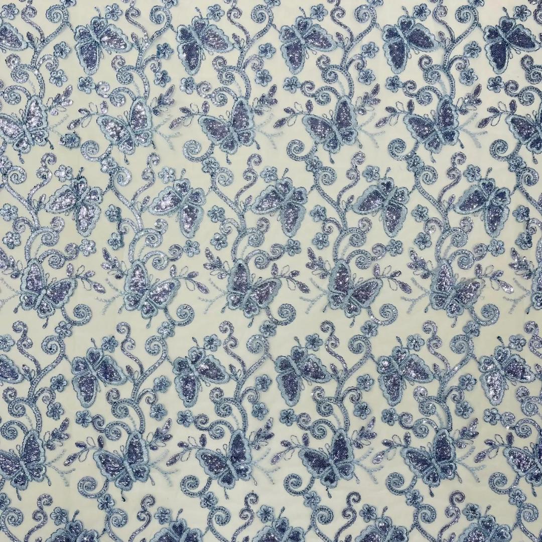 Butterfly Lt Blue - Metallic Lace Fabric Embroidered Butterfly & Flowers Sequins For Quinsiañera Dresses - Prom Dress. Sold By The Yard