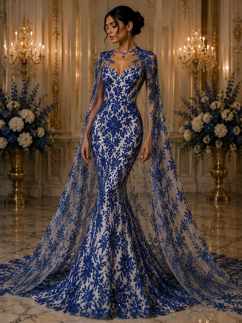Damask Lace - Royal - Glitter Big Damask Design Fabric 58” Wide For Quinsiañera Dresses - Prom Dress Sold By The Yard