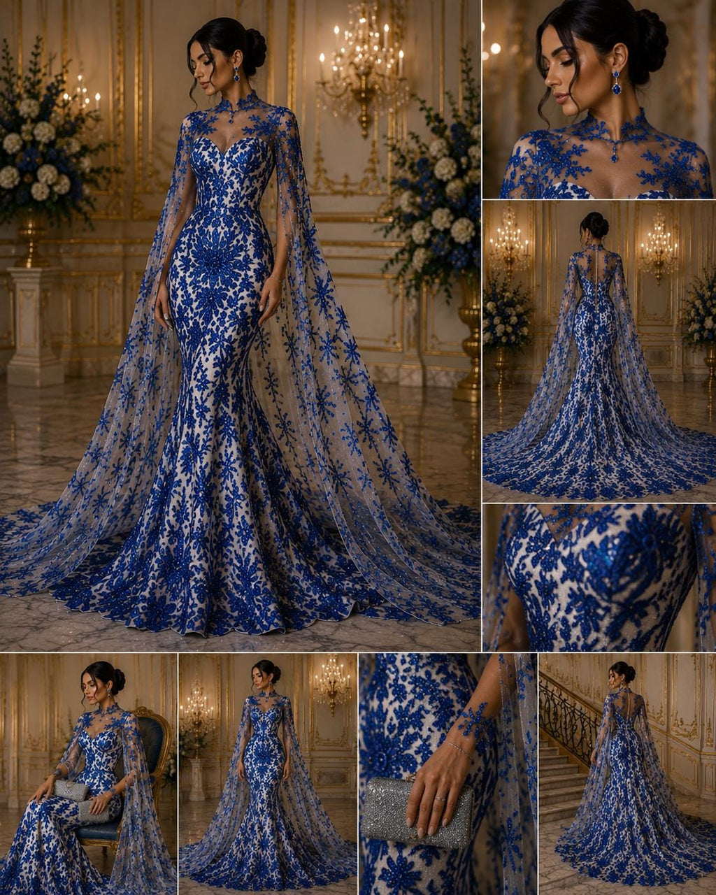 Damask Lace - Royal - Glitter Big Damask Design Fabric 58” Wide For Quinsiañera Dresses - Prom Dress Sold By The Yard