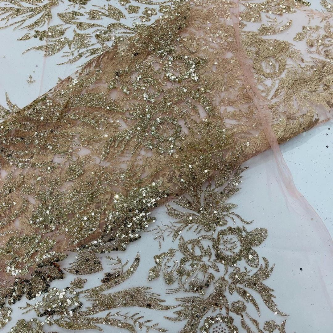 Damask Lace - Rose Gold - Glitter Big Damask Design Fabric 58” Wide For Quinsiañera Dresses - Prom Dress Sold By The Yard