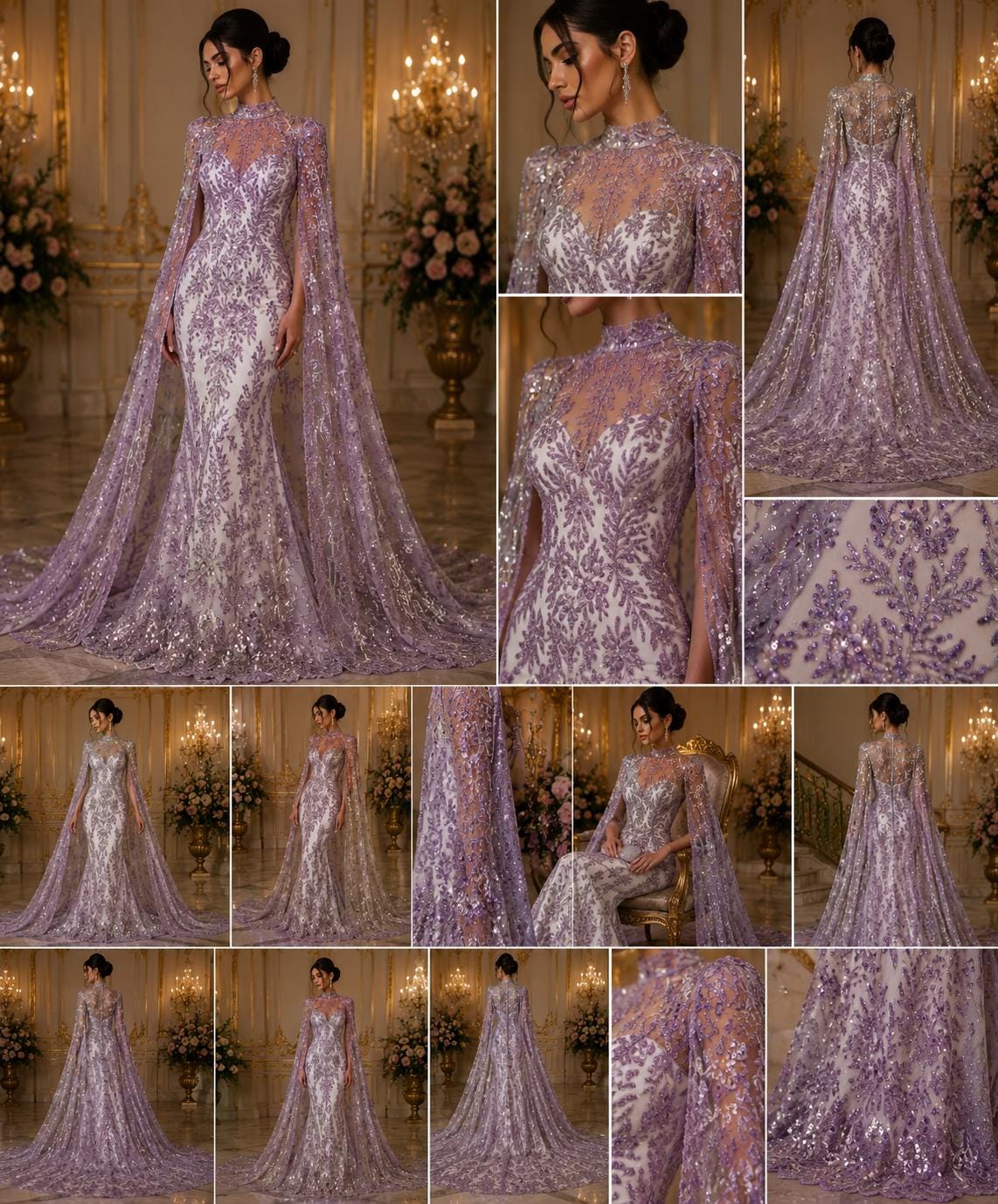 Damask Lace - Lilac - Glitter Big Damask Design Fabric 58” Wide For Quinsiañera Dresses - Prom Dress Sold By The Yard