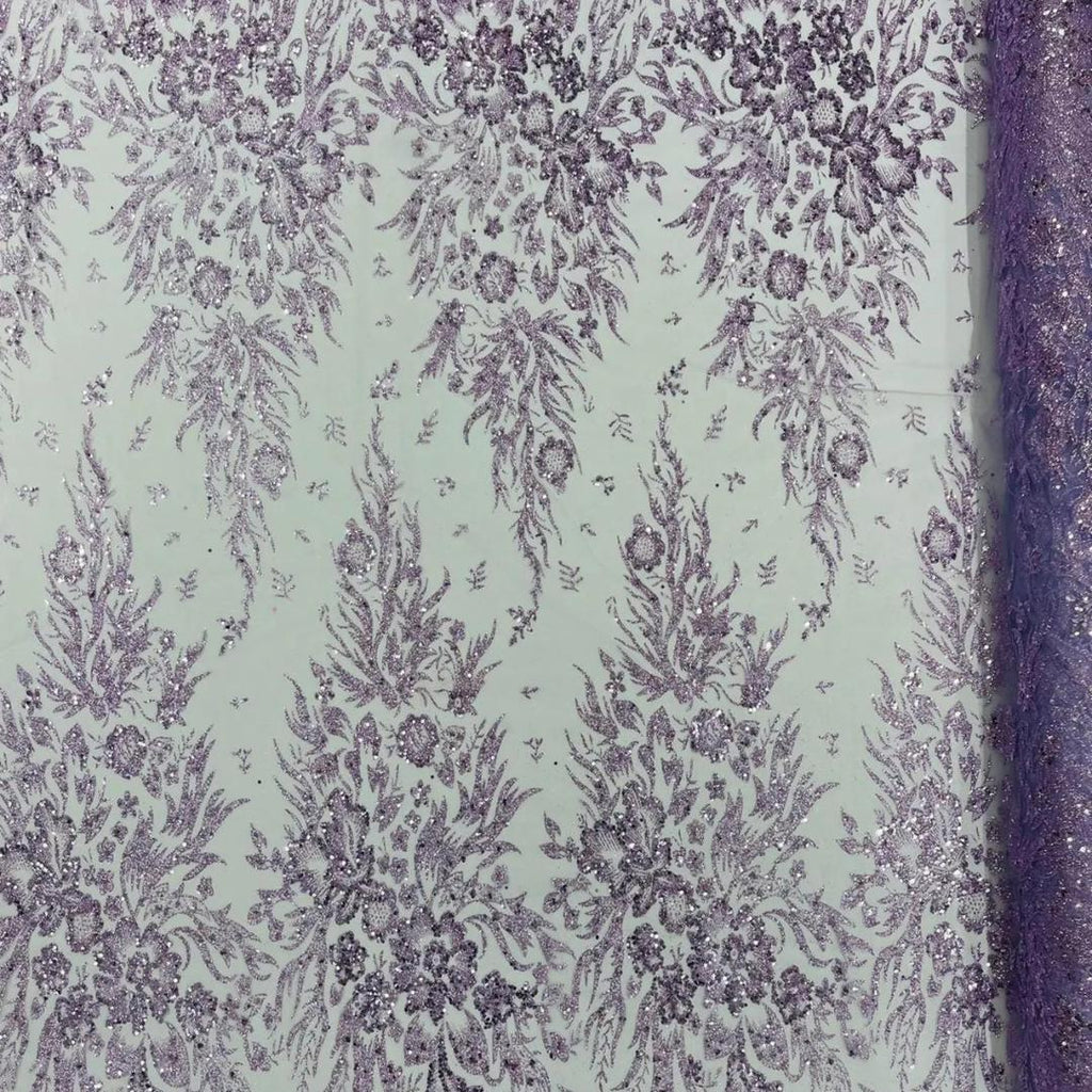 Damask Lace - Lilac - Glitter Big Damask Design Fabric 58” Wide For Quinsiañera Dresses - Prom Dress Sold By The Yard