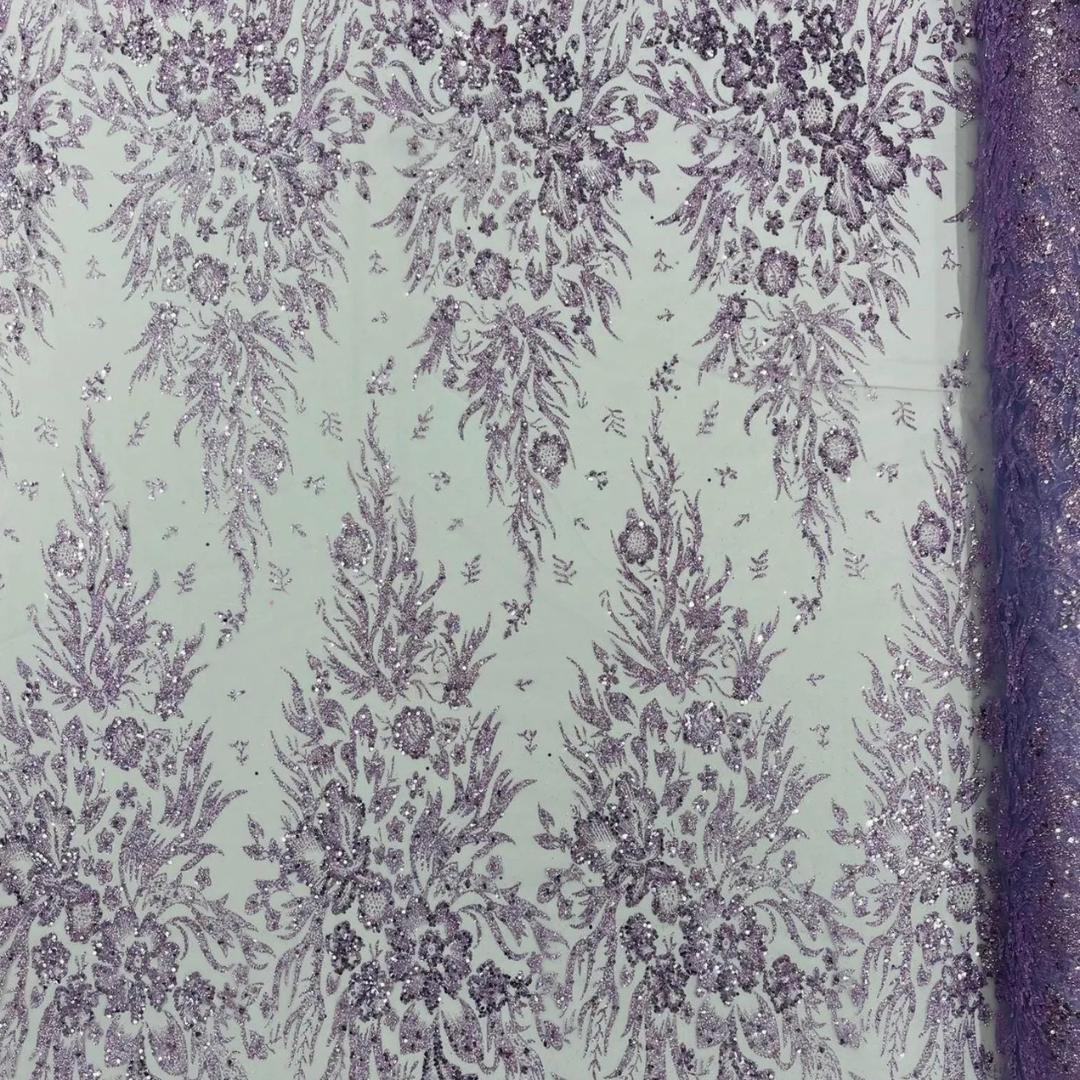 Damask Lace - Lilac - Glitter Big Damask Design Fabric 58” Wide For Quinsiañera Dresses - Prom Dress Sold By The Yard