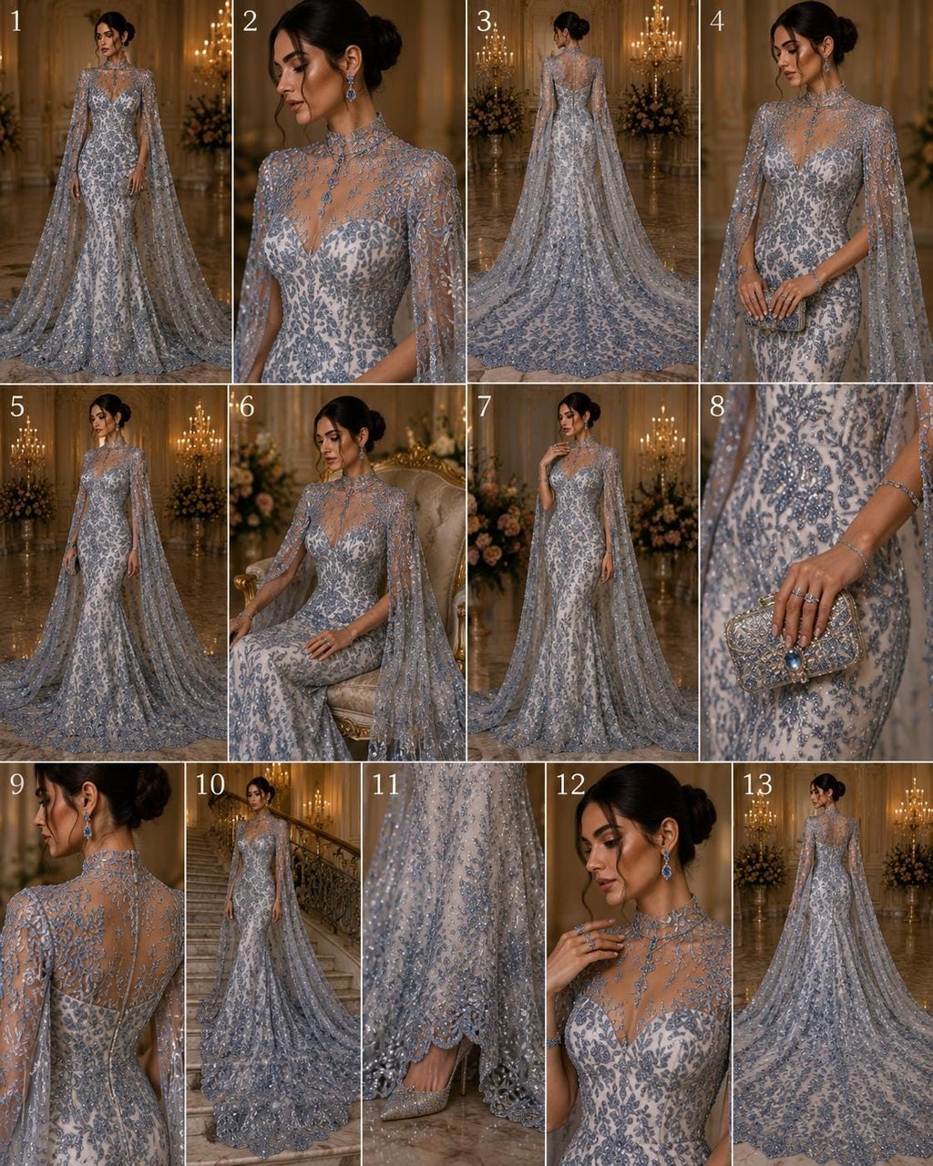 Damask Lace - Lt Blue - Glitter Big Damask Design Fabric 58” Wide For Quinsiañera Dresses - Prom Dress Sold By The Yard