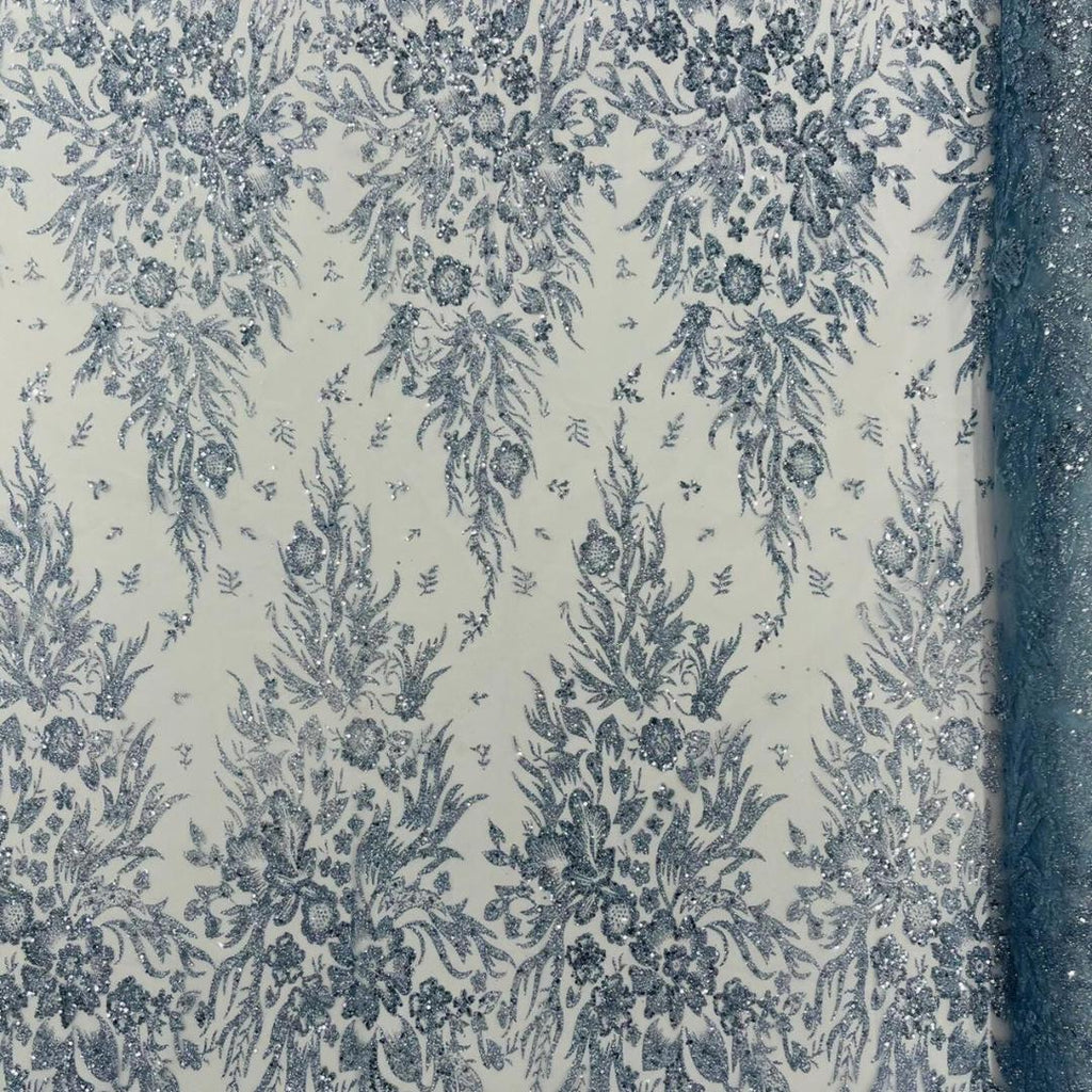 Damask Lace - Lt Blue - Glitter Big Damask Design Fabric 58” Wide For Quinsiañera Dresses - Prom Dress Sold By The Yard