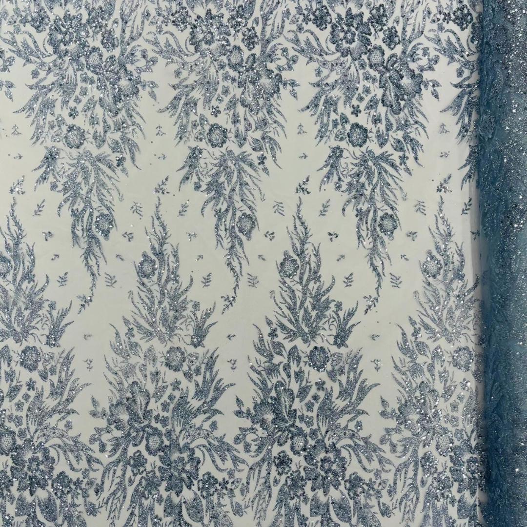 Damask Lace - Lt Blue - Glitter Big Damask Design Fabric 58” Wide For Quinsiañera Dresses - Prom Dress Sold By The Yard