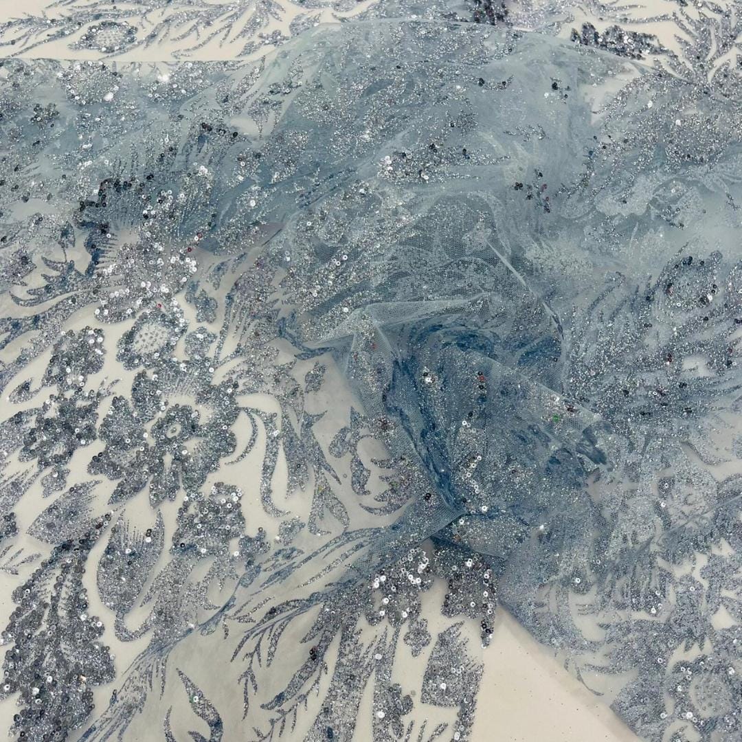 Damask Lace - Lt Blue - Glitter Big Damask Design Fabric 58” Wide For Quinsiañera Dresses - Prom Dress Sold By The Yard