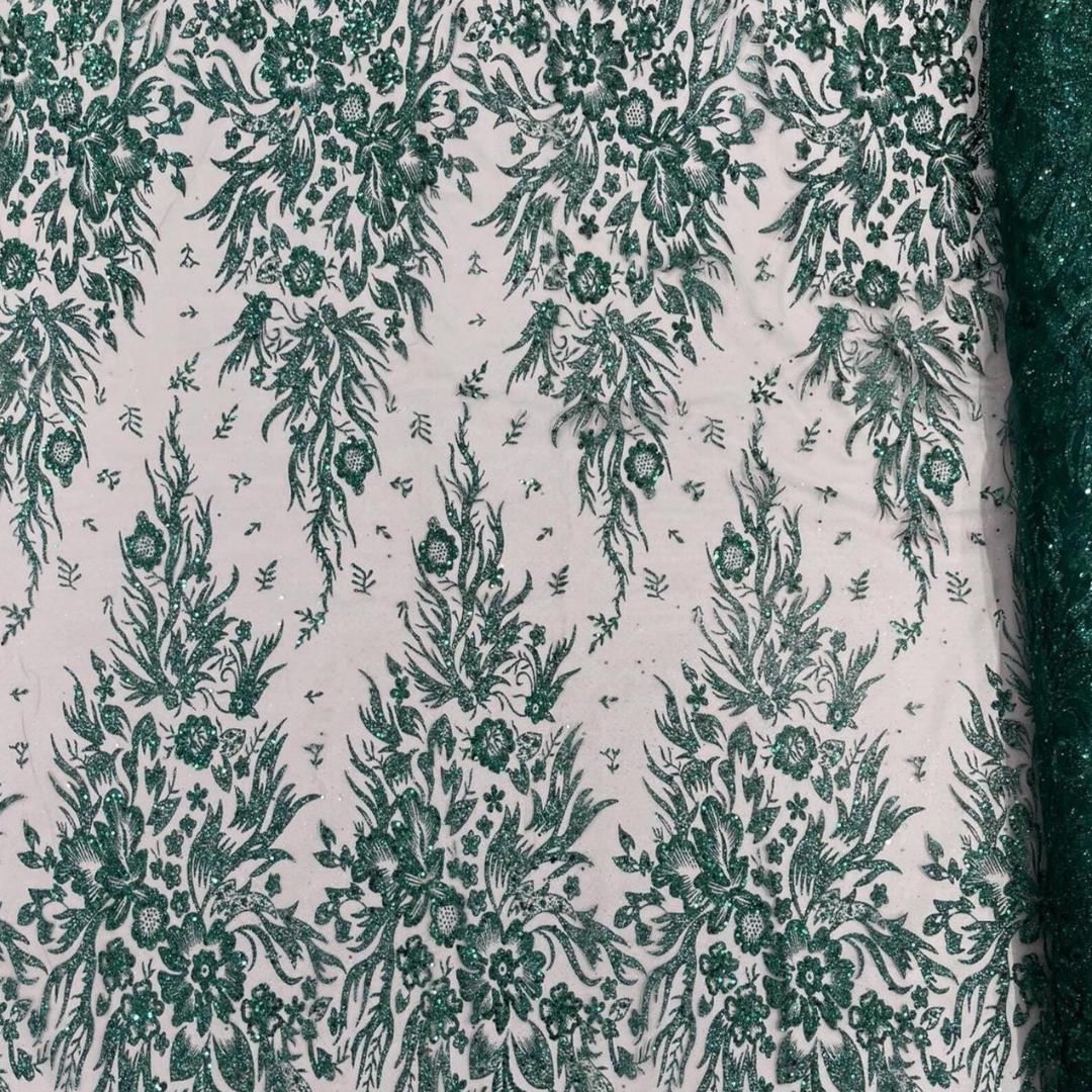 Damask Lace - Hunter - Glitter Big Damask Design Fabric 58” Wide For Quinsiañera Dresses - Prom Dress Sold By The Yard
